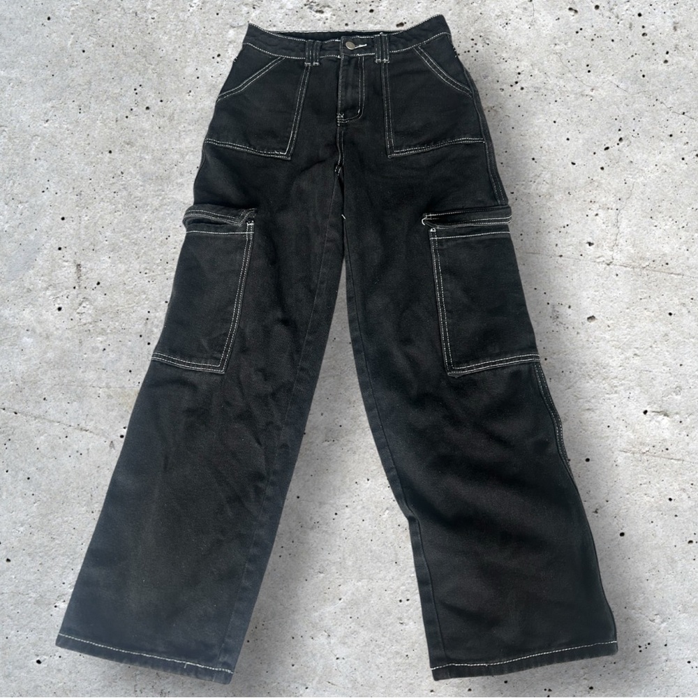Black Cargo Pants with White Stitching size S Petite